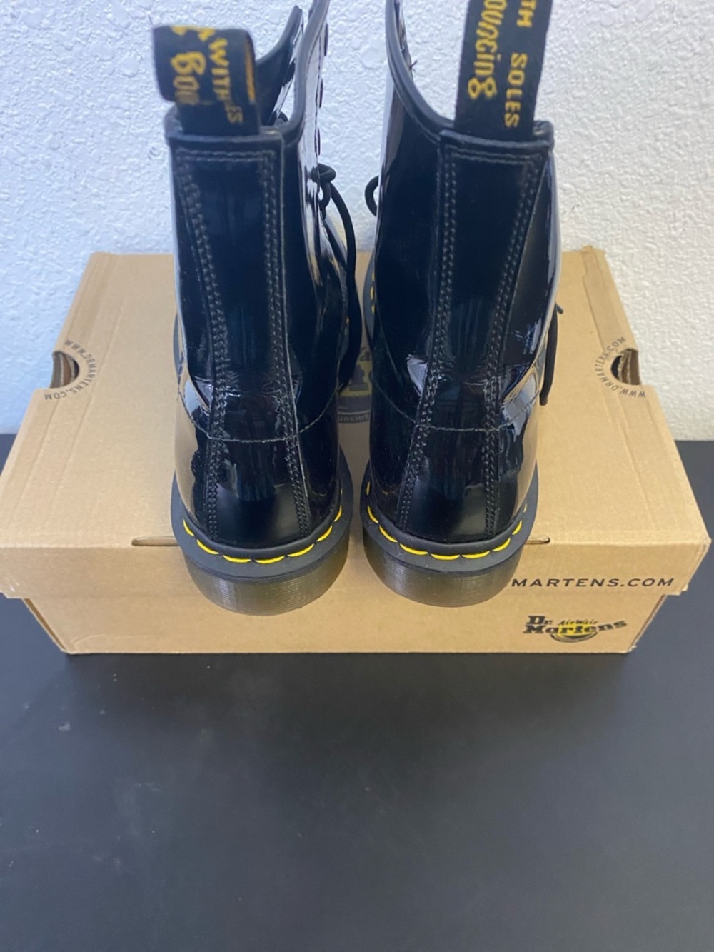 Dr. Martens Black Patent Leather Lamper -Eye Lace-Up Boots with Yellow Stitching - Picture 3 of 4